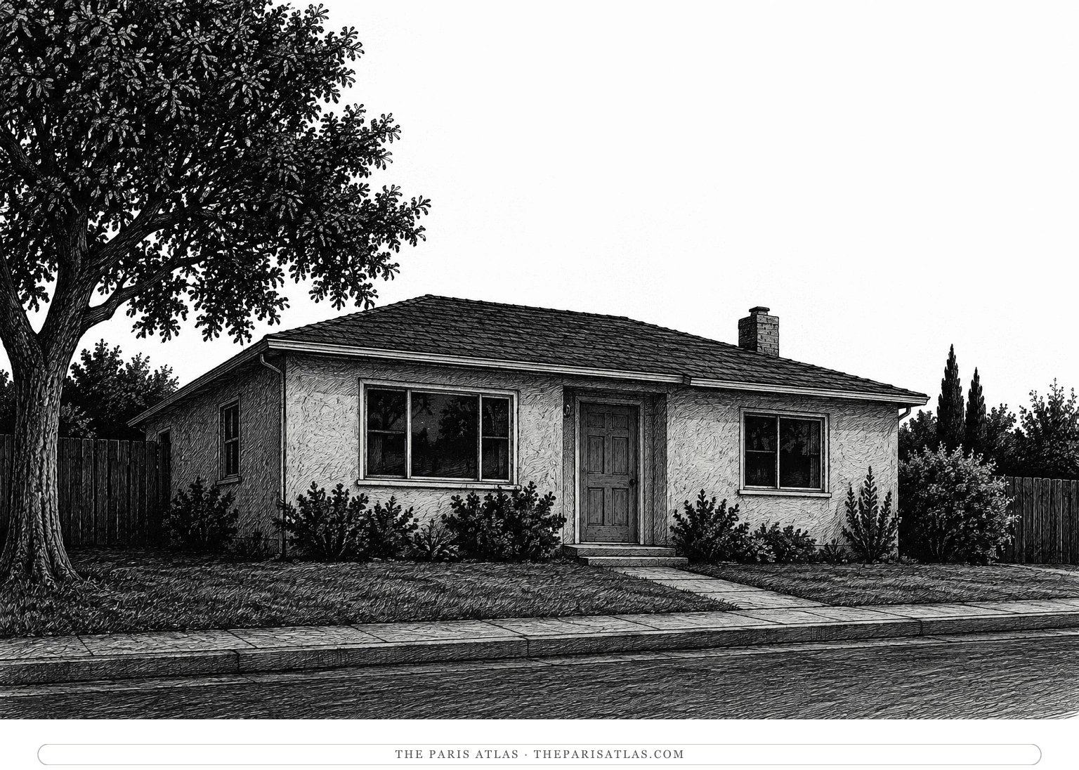A quiet small house with dark unlit windows and a closed blue front door, seen from outside.