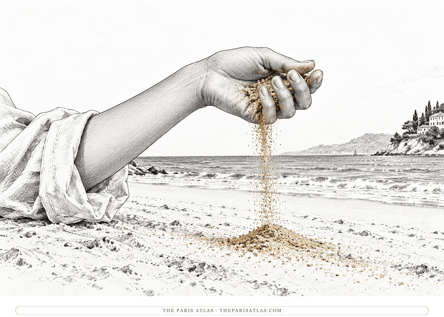 A shirt-cuffed hand lets a thin stream of sand fall onto the beach.