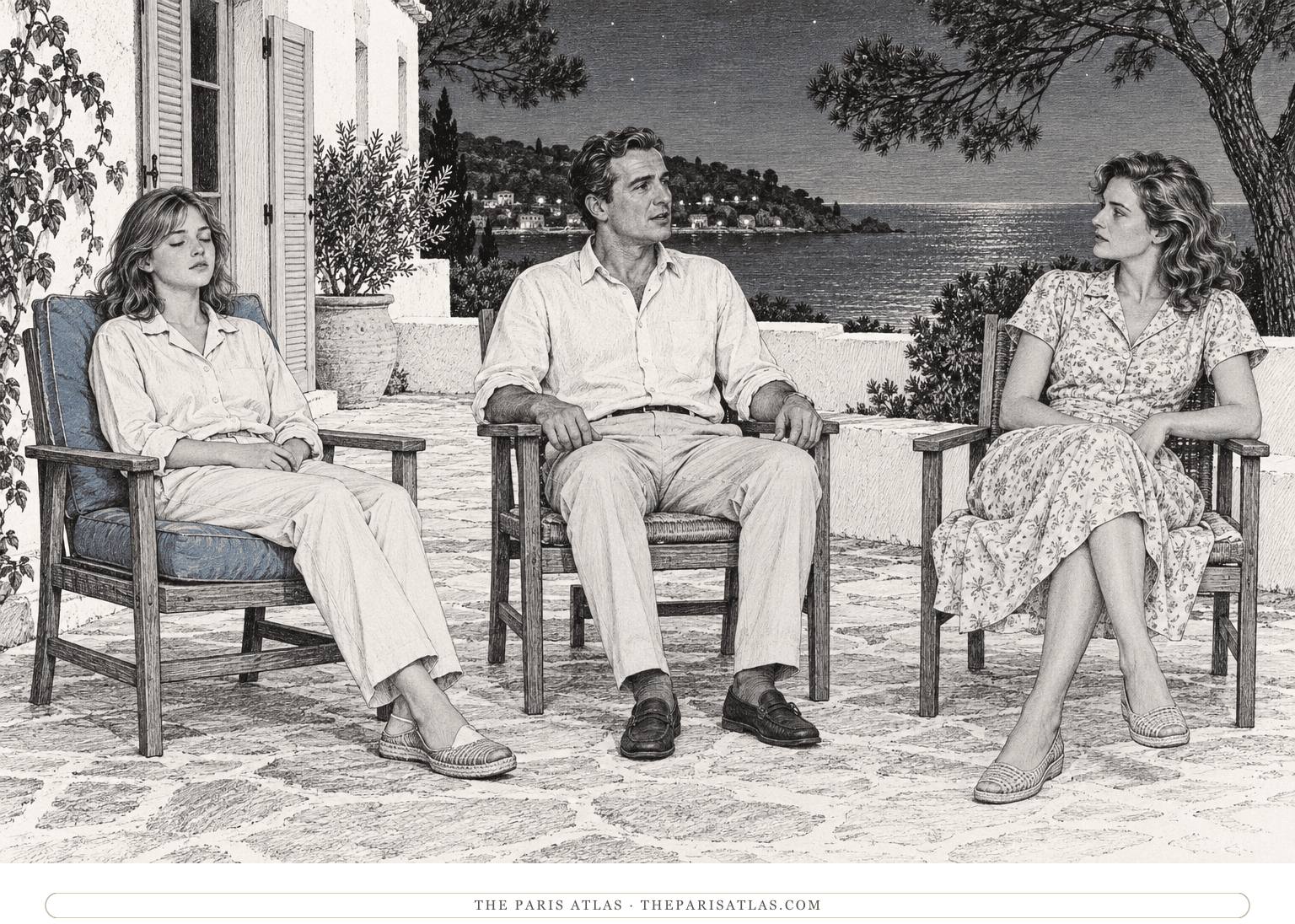 Cécile, her father and Elsa sit in separate chairs on the villa terrace at night.