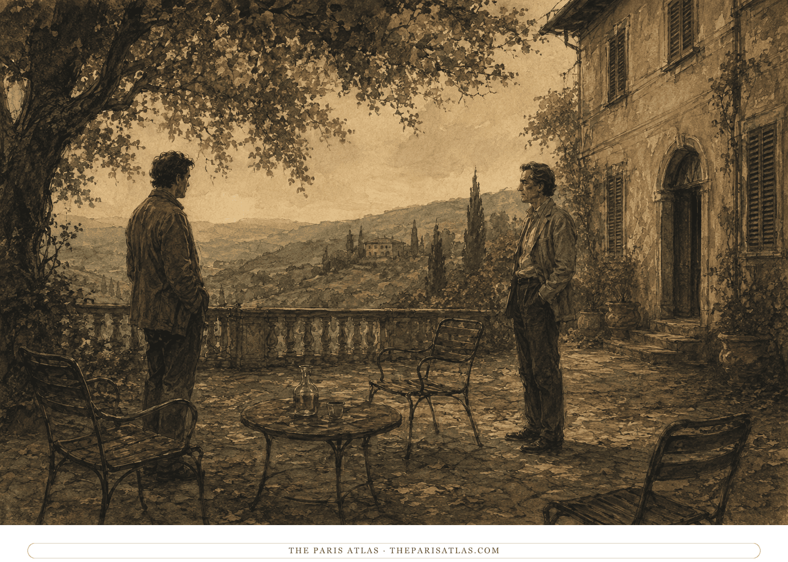 Two middle-aged men stand several feet apart on the terrace of an old northern Italian villa among empty chairs and mature trees
