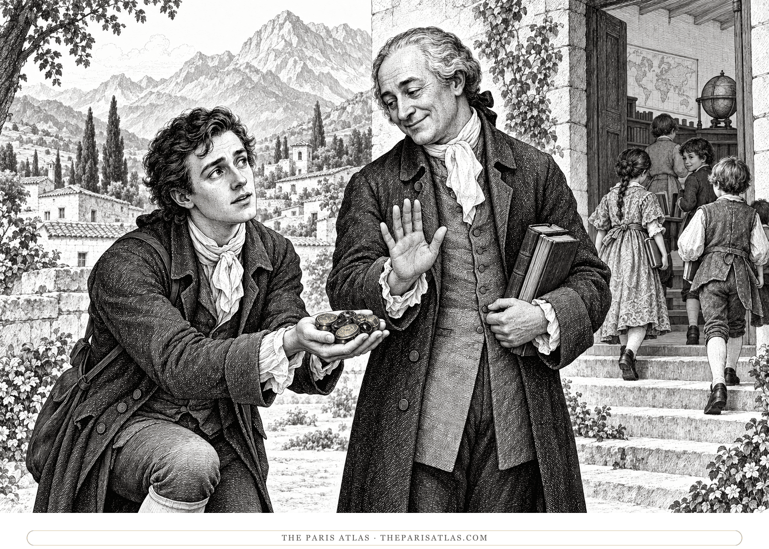 Candide offers the children's discarded gold and gemstones to the schoolmaster of El Dorado.