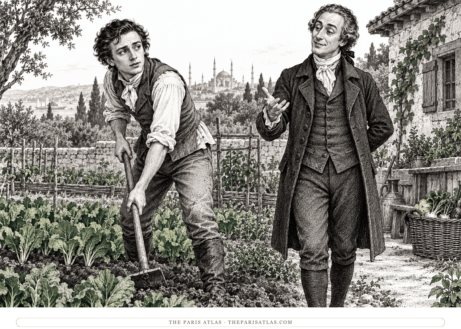 Candide tends a vegetable bed as Pangloss continues his explanation beside him.
