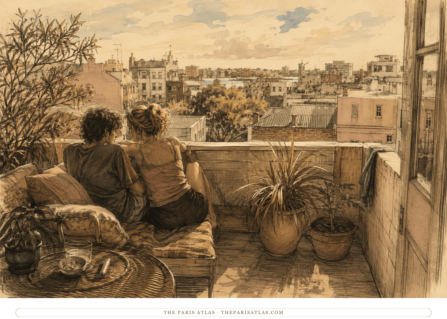 Candy and the narrator sit close together on a warm Sydney apartment balcony early in their relationship