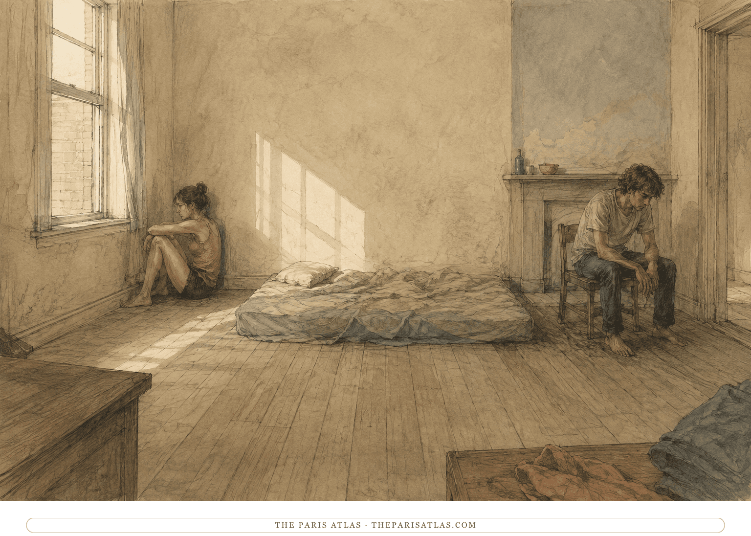 Candy and the narrator sit far apart in a bare room during a later period of withdrawal