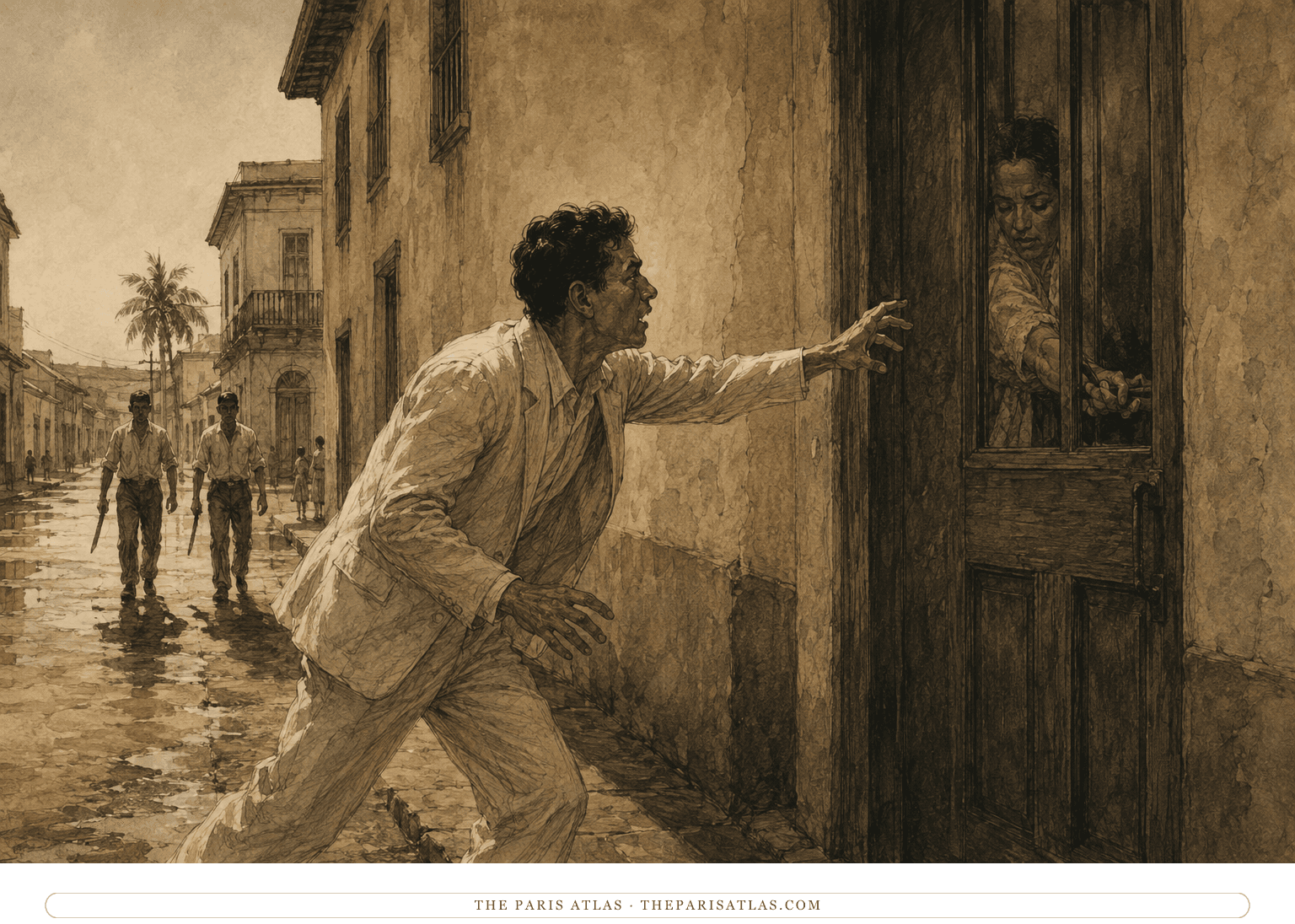Santiago Nasar reaches his front door as Plácida Linero bolts it from inside and the Vicario twins approach along the street