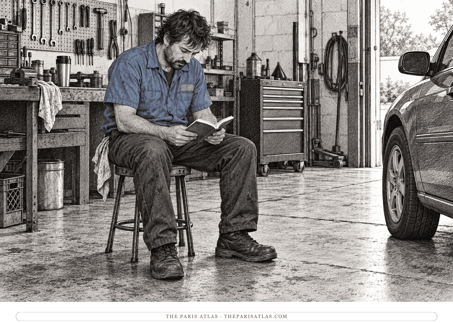 A mechanic in a blue work shirt sits in a garage and holds an open book.