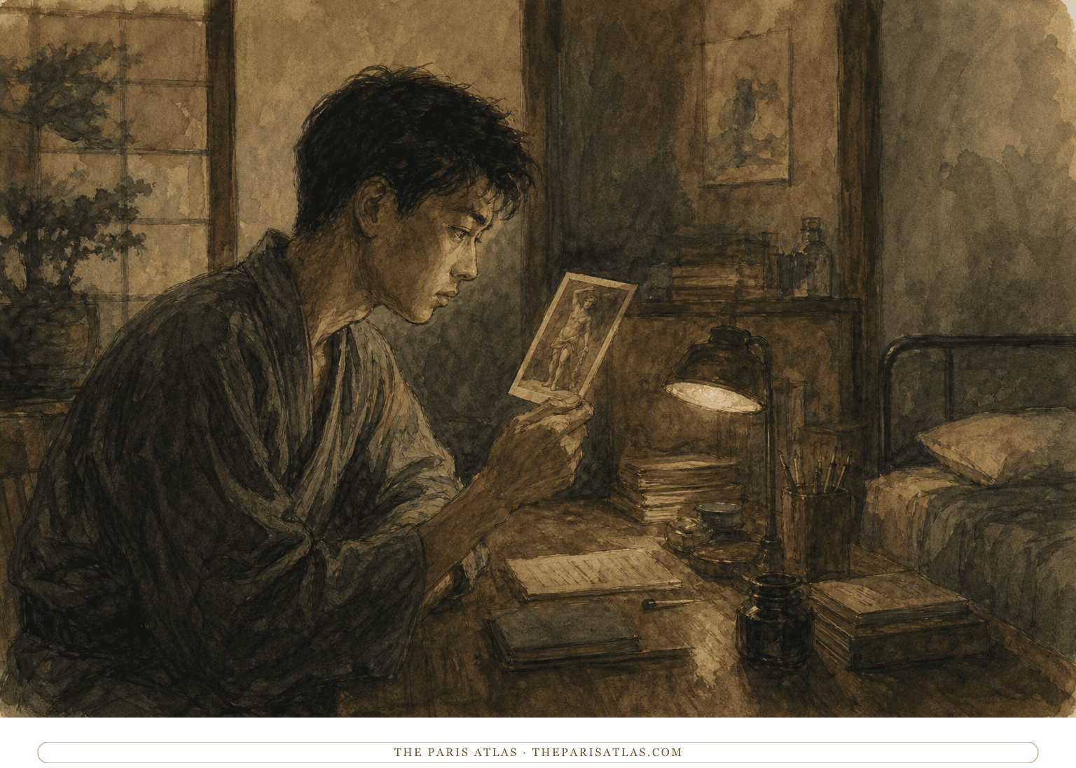 Young Kochan sits alone at a desk studying a small reproduction of Saint Sebastian in a dim 1940s Japanese room