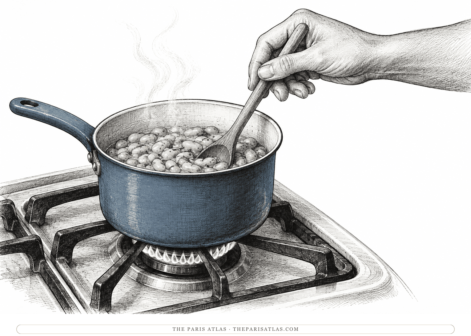 A hand stirs beans in a pot on a small stove.