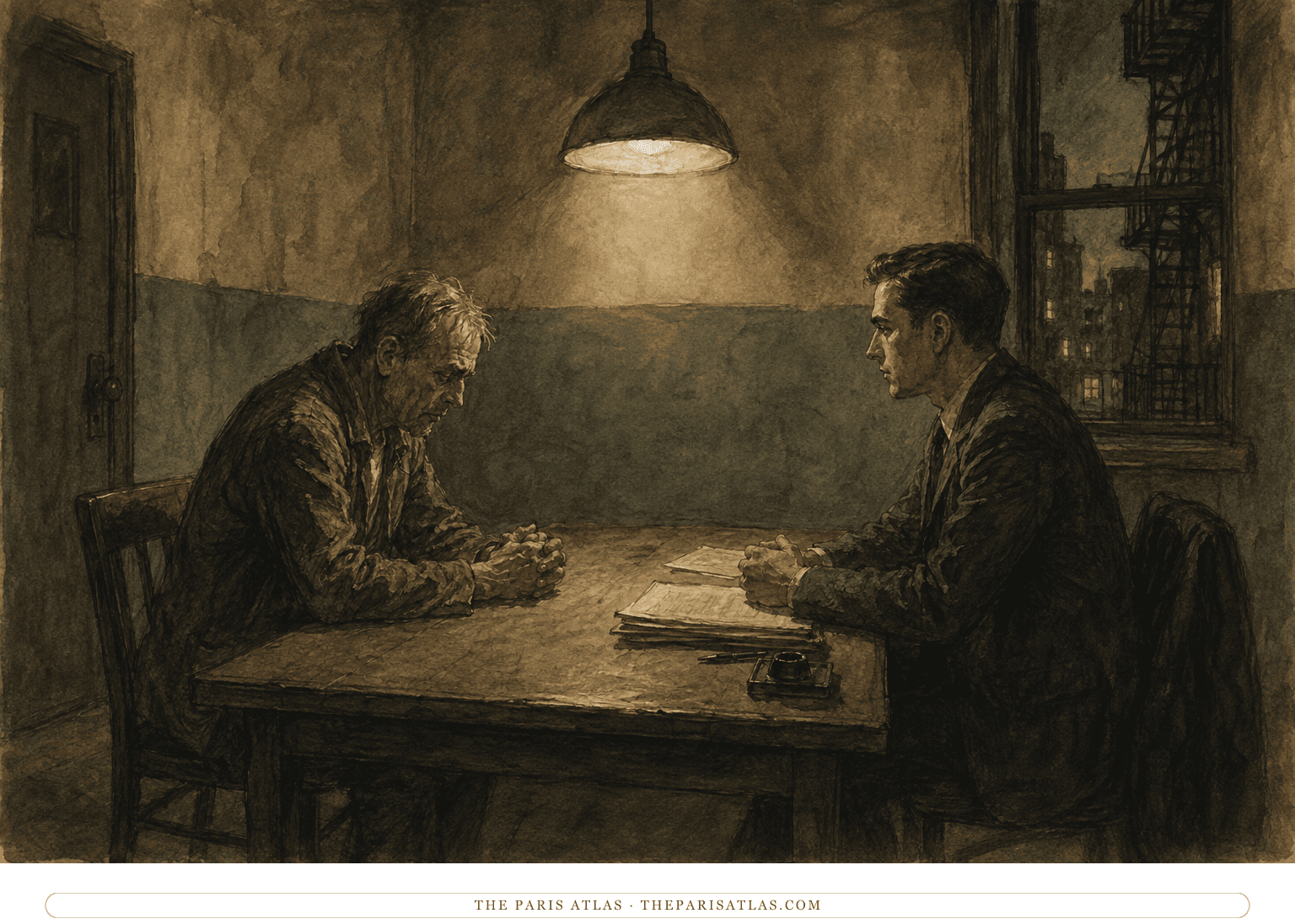 Rubashov faces a rigid younger official across a desk beneath a glaring lamp in a 1930s interrogation room
