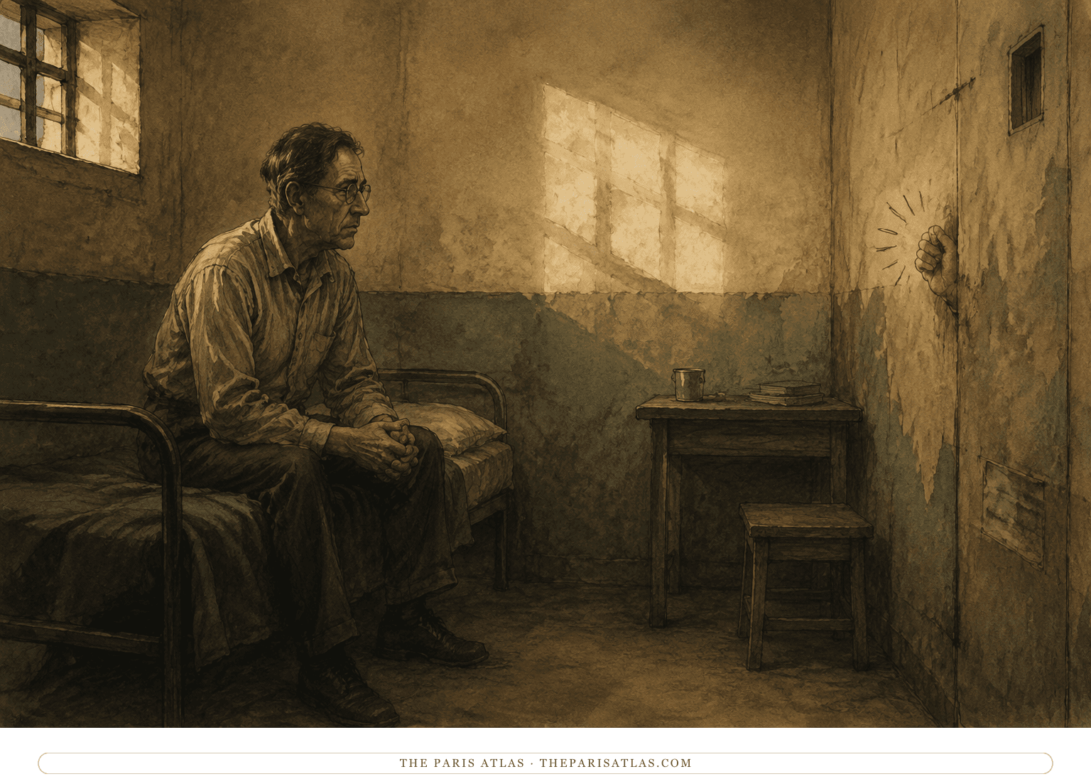 Nikolai Rubashov sits alone in a stark prison cell as a square of window light crosses the wall