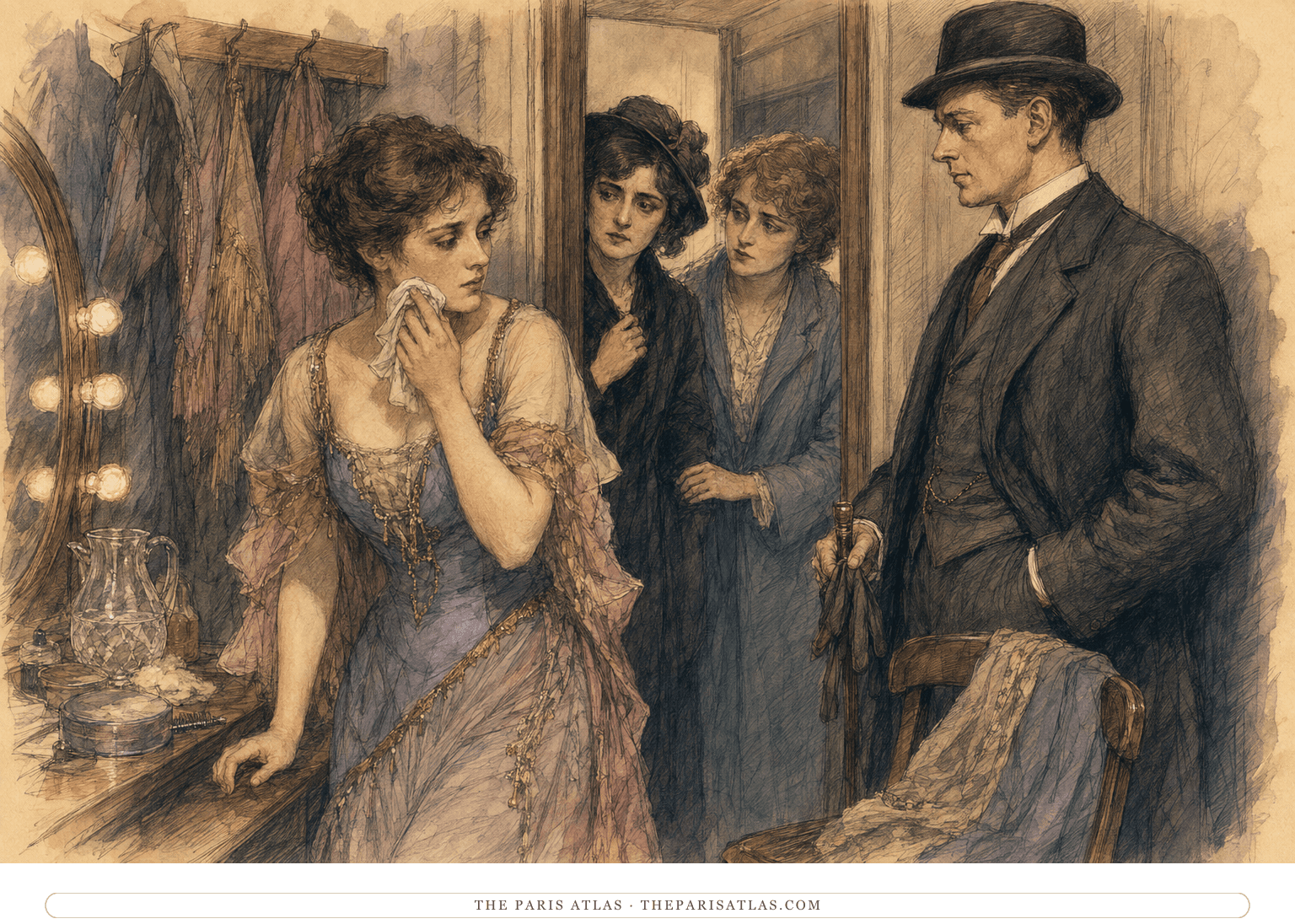 Margaret Halley stands in a narrow London dressing room after a performance while worried friends and an ominous visitor gather nearby