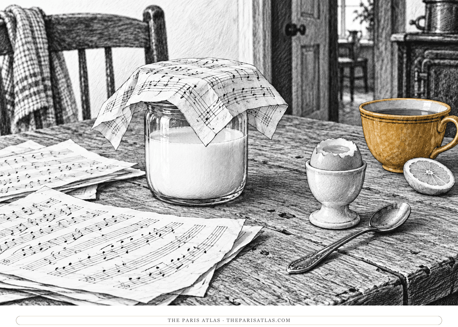 A handwritten music page covers a milk jar beside an egg cup and tea, with more loose pages on a worn household table.