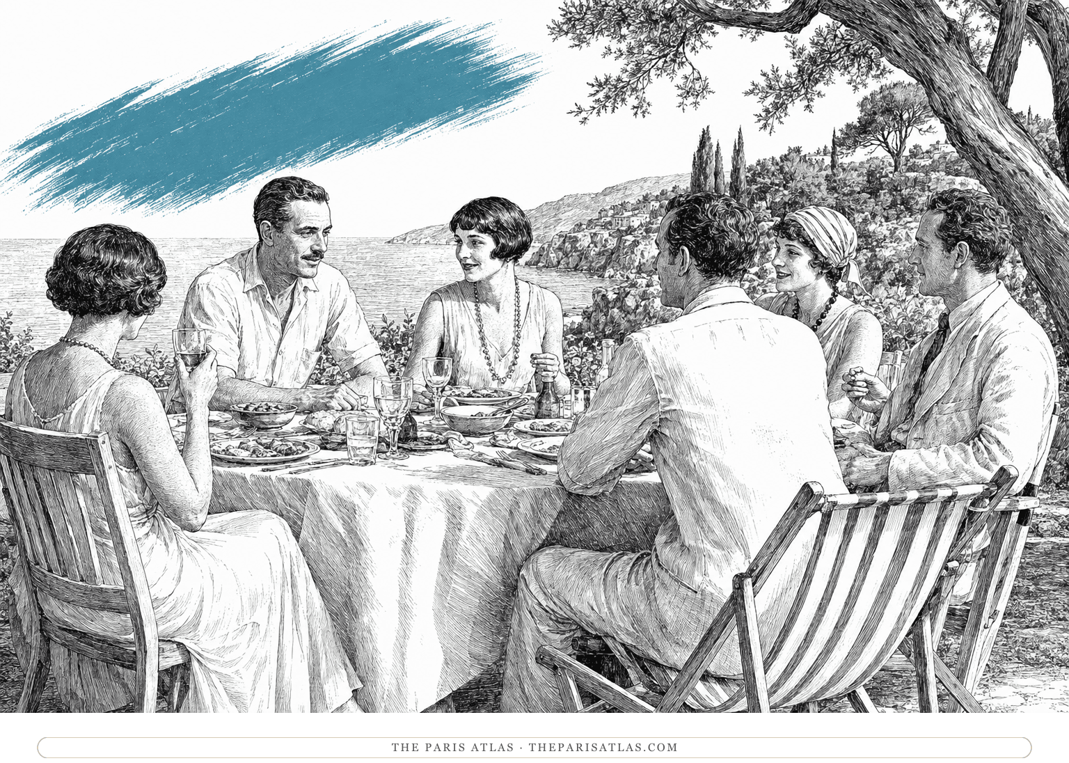 A couple and their guests share an outdoor meal beneath seaside trees, with an azure brushstroke across the sky.
