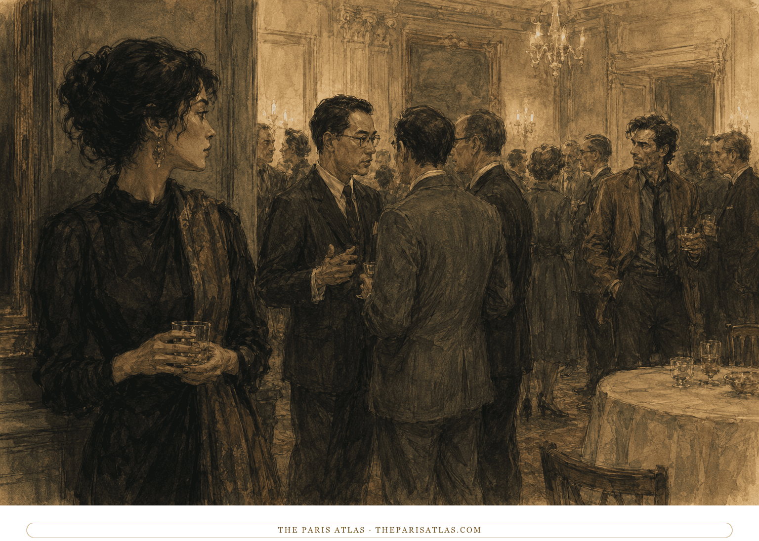 Isadora Wing watches Adrian Goodlove across a crowded Vienna room while Bennett speaks with fellow analysts