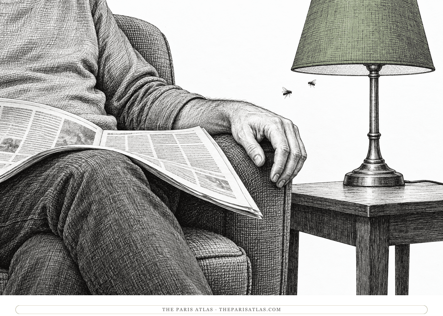 Two small flies hover near a reader’s hand and lampshade.