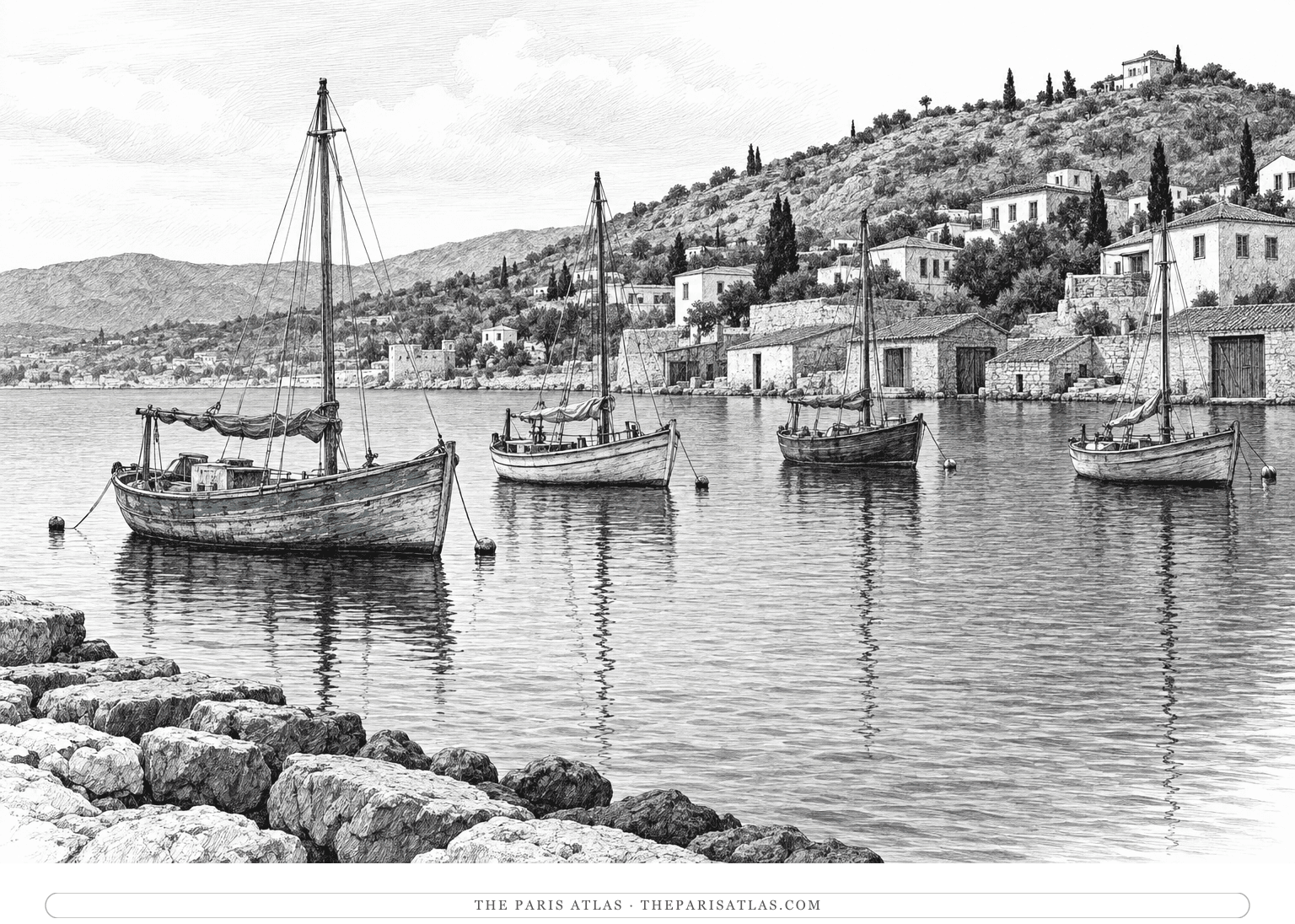 Four wooden sailing boats sit quietly at anchor in an old harbor beneath hillside houses.