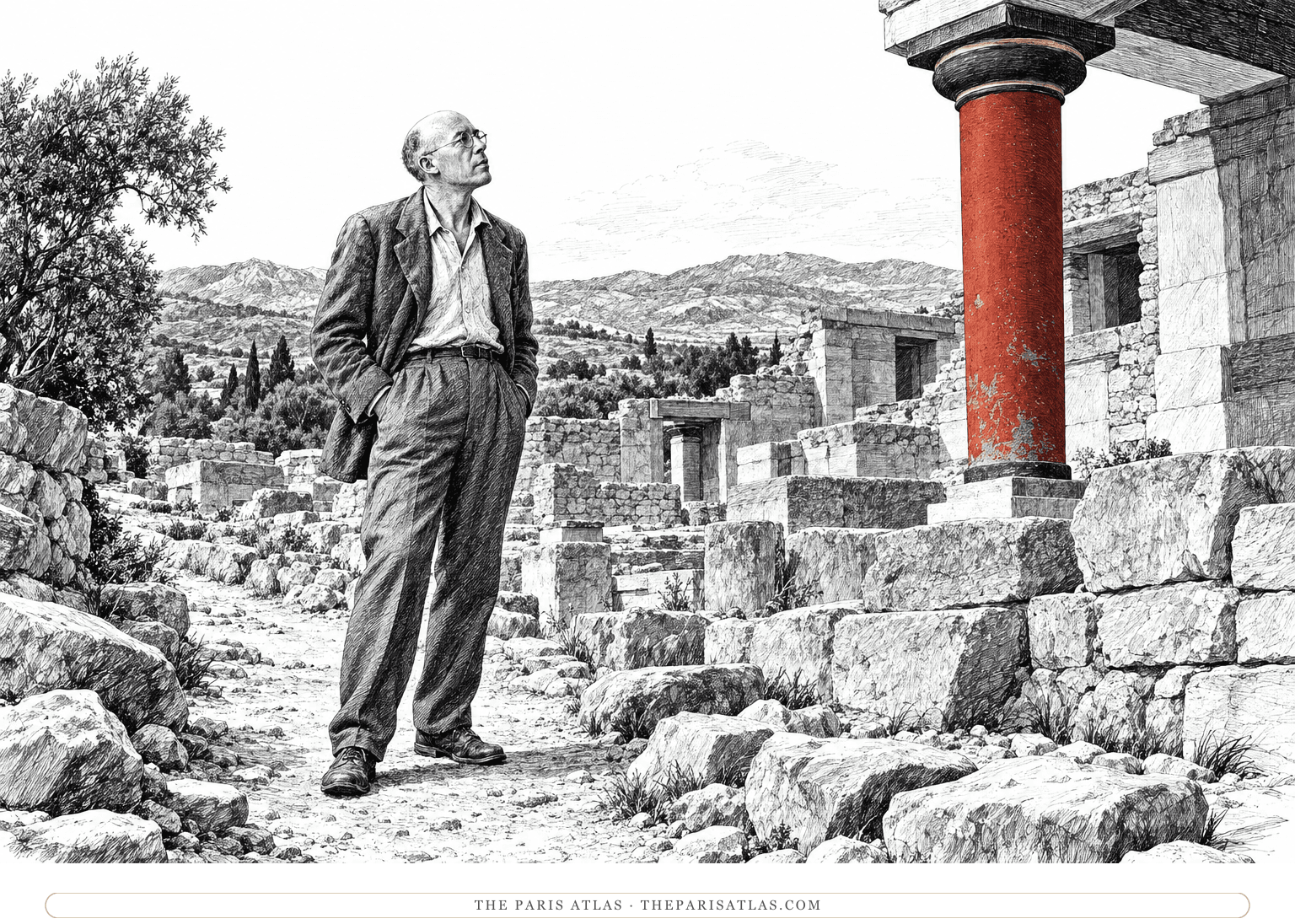 Henry Miller pauses on a stone path at Knossos, looking toward a restored red Minoan column among the ruins.