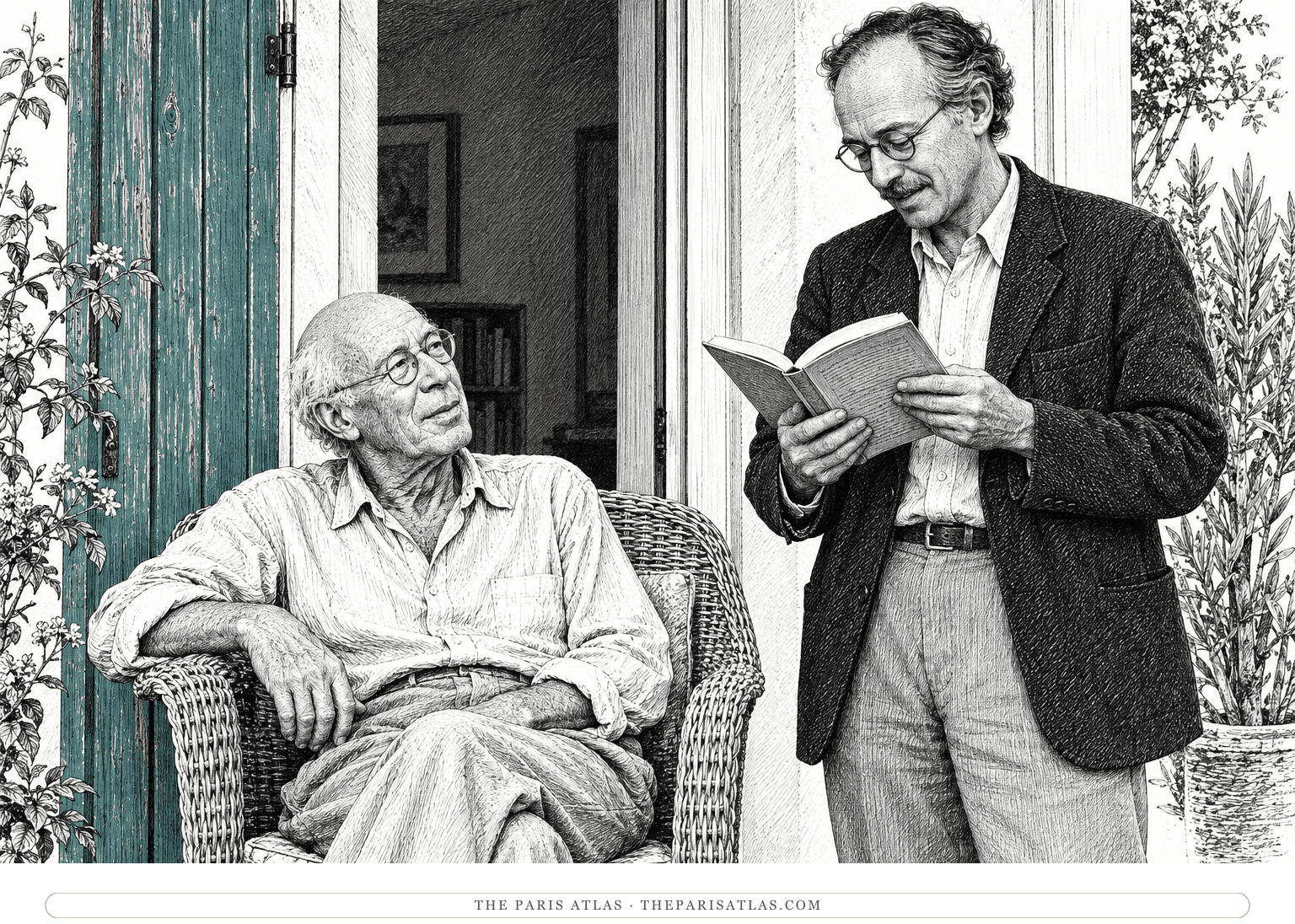 Henry Miller listens from a wicker chair while Christian de Bartillat consults an open book beside a California doorway.