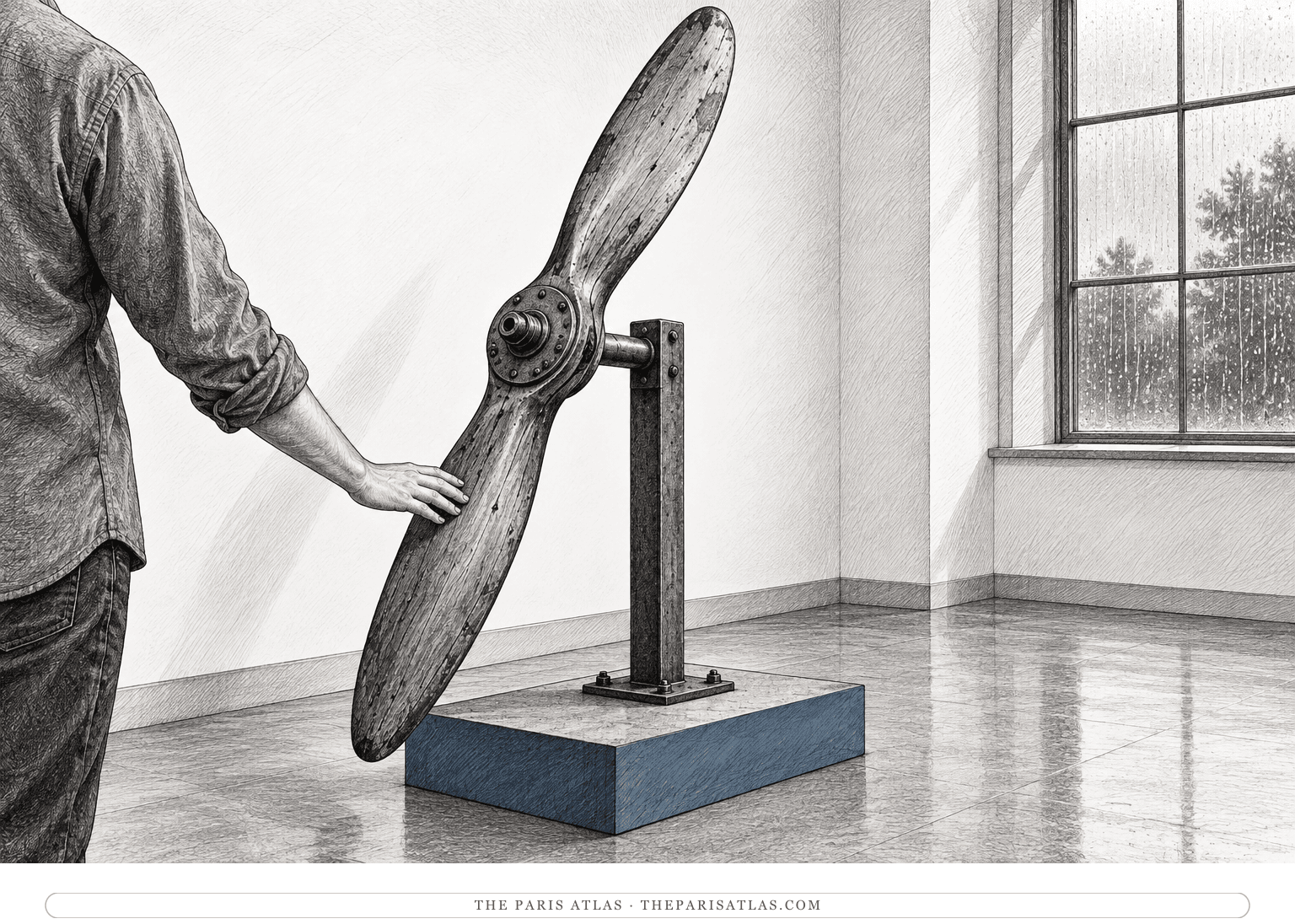 A visitor’s hand touches a stationary old propeller supported on a museum display stand.