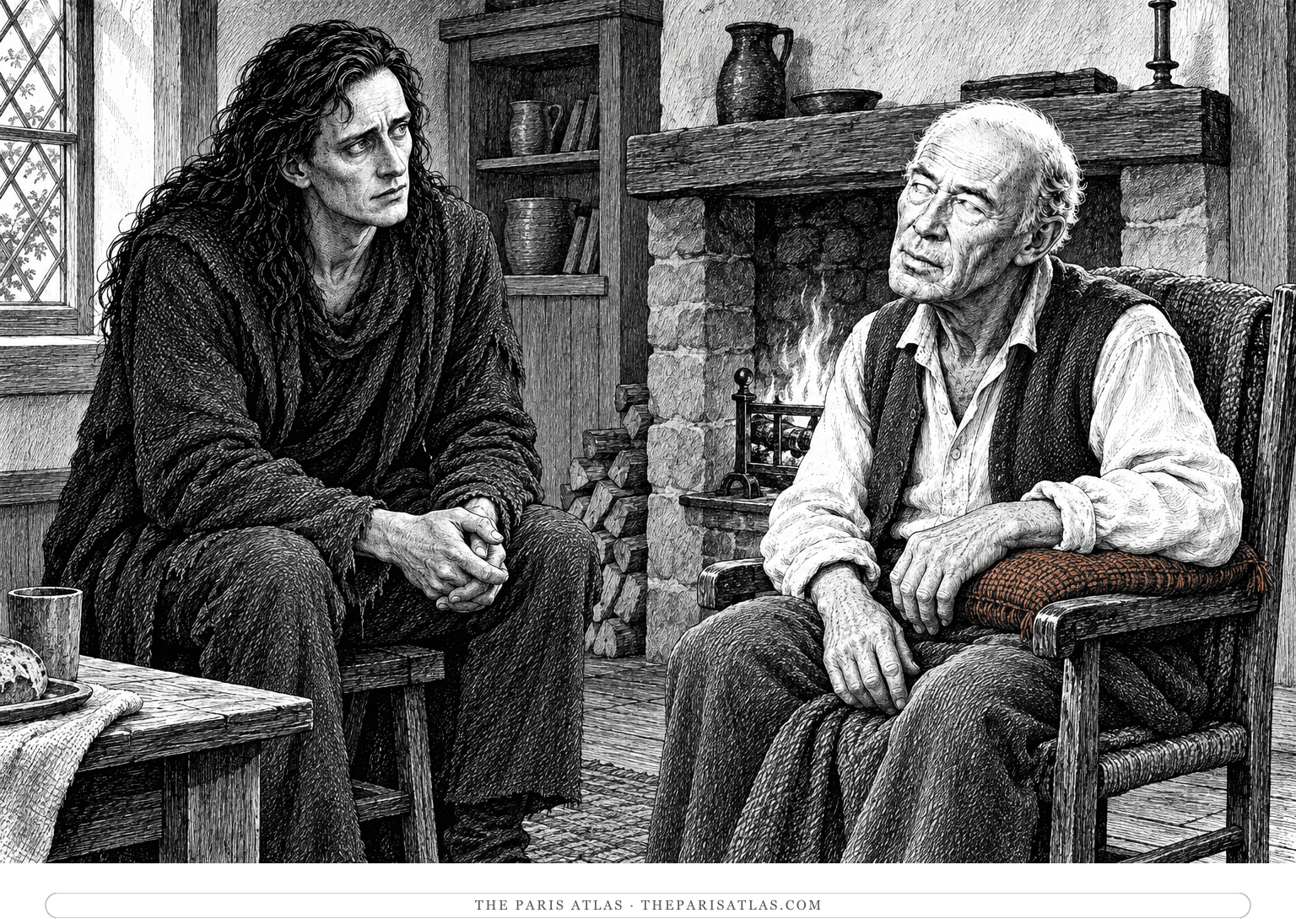 Ink illustration of the creature sitting anxiously beside the blind De Lacey, who listens near a cottage fireplace with a russet cushion.