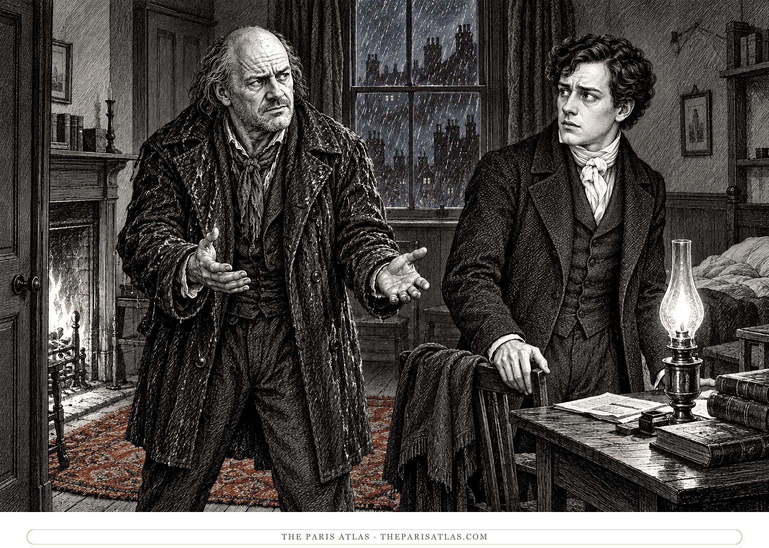 Magwitch reveals the source of Pip's fortune in his London rooms.