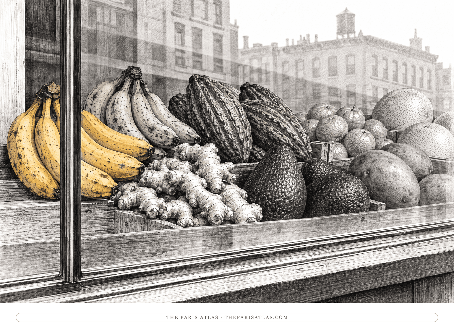 Bananas, ginger, cocoa pods and other tropical fruit rest behind a city window.