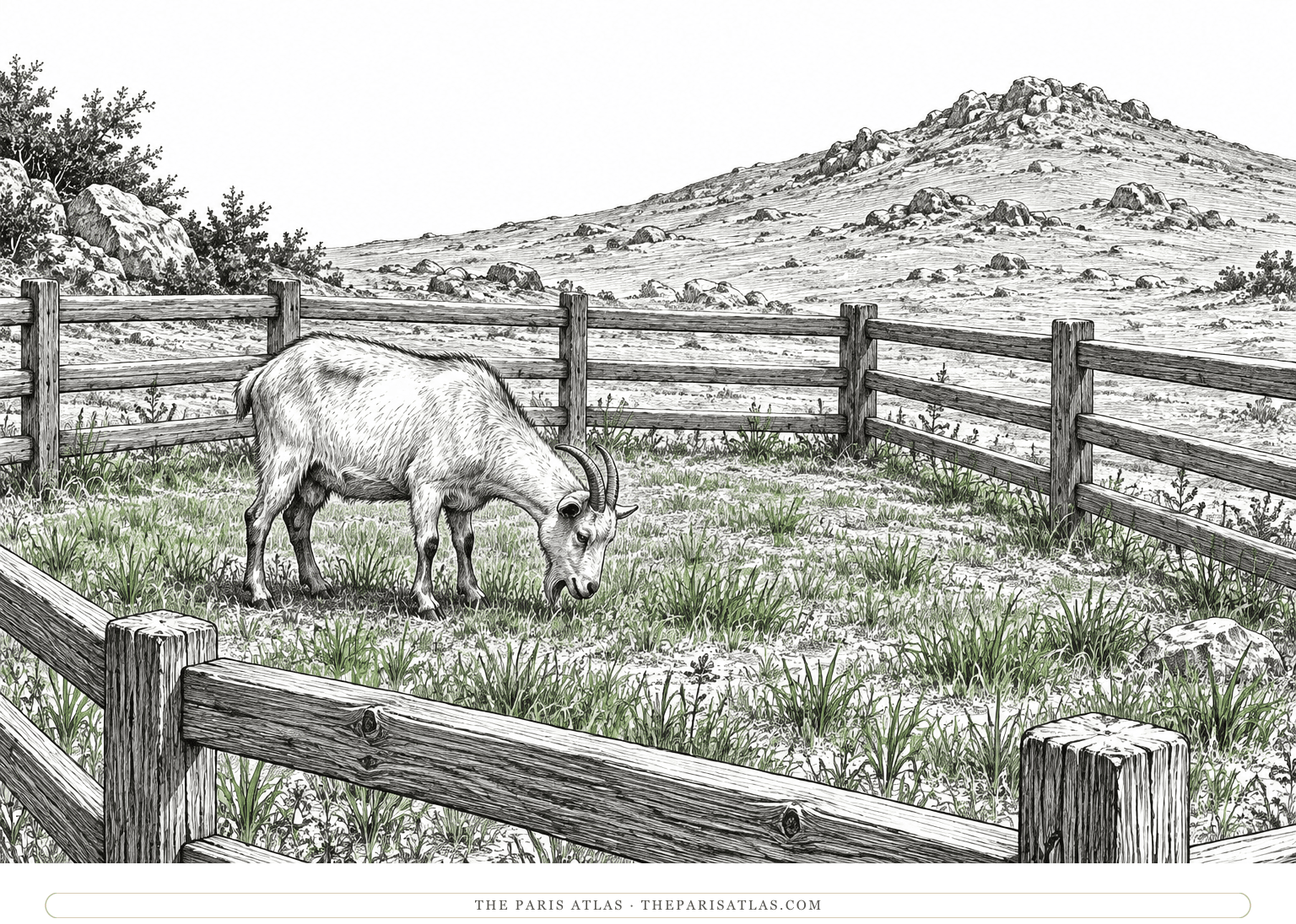 A lone goat lowers its head inside a grassy pen, with a barren hill beyond the fence.