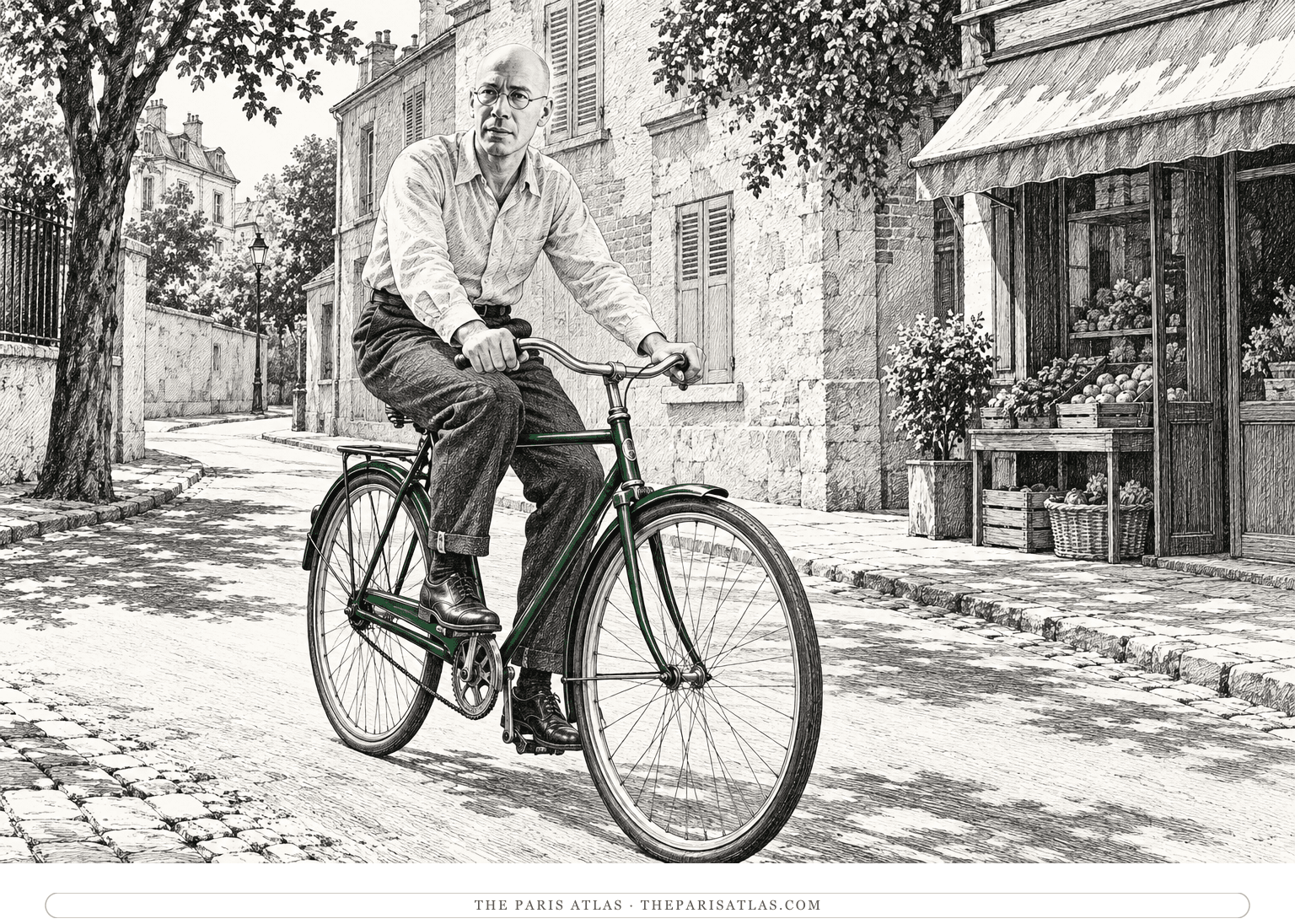 Henry Miller rides a bicycle along a quiet street, looking ahead through round wire-rimmed glasses.