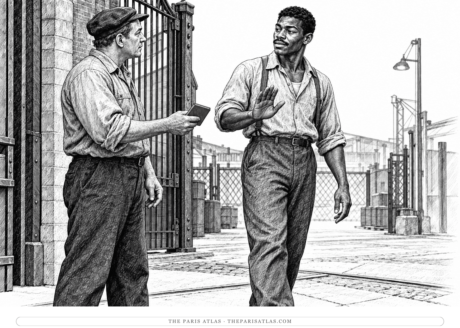 Jake makes a small gesture of refusal as an unnamed worker holds a little red book on West Street.