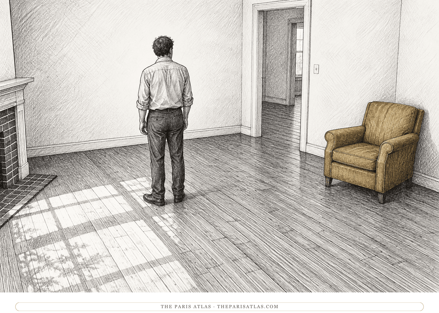 A lone adult narrator stands quietly inside a modest, sparsely furnished room.