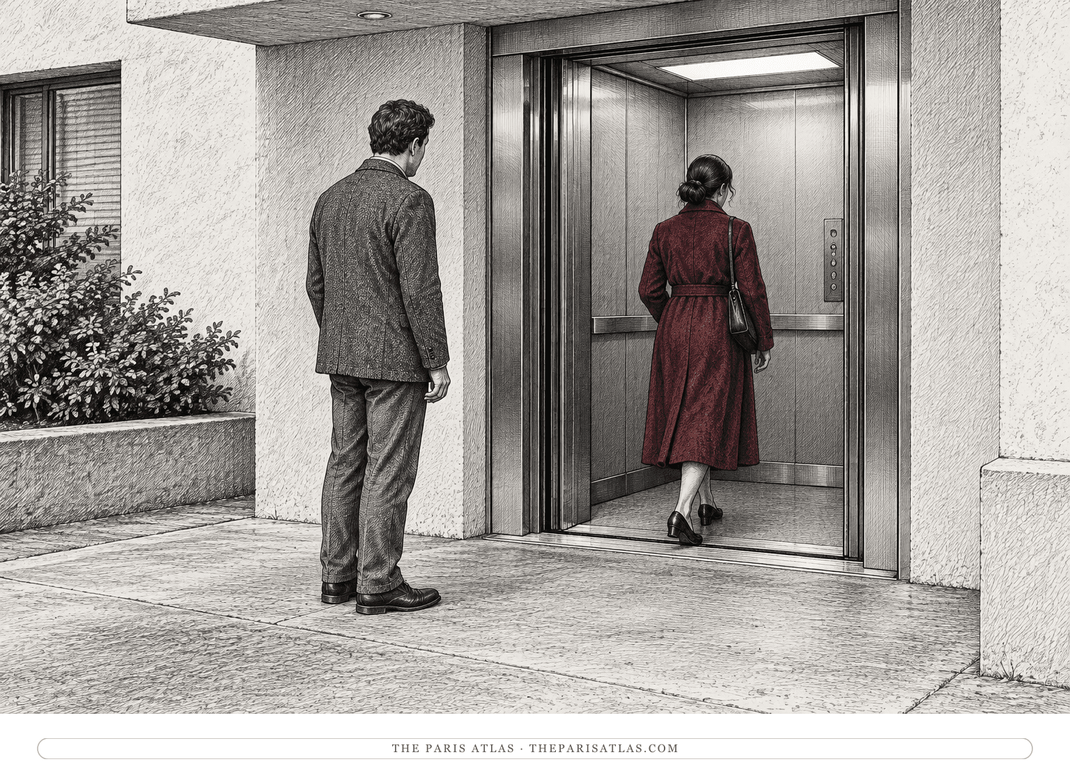 Harry waits beside an open apartment elevator as a woman steps inside.
