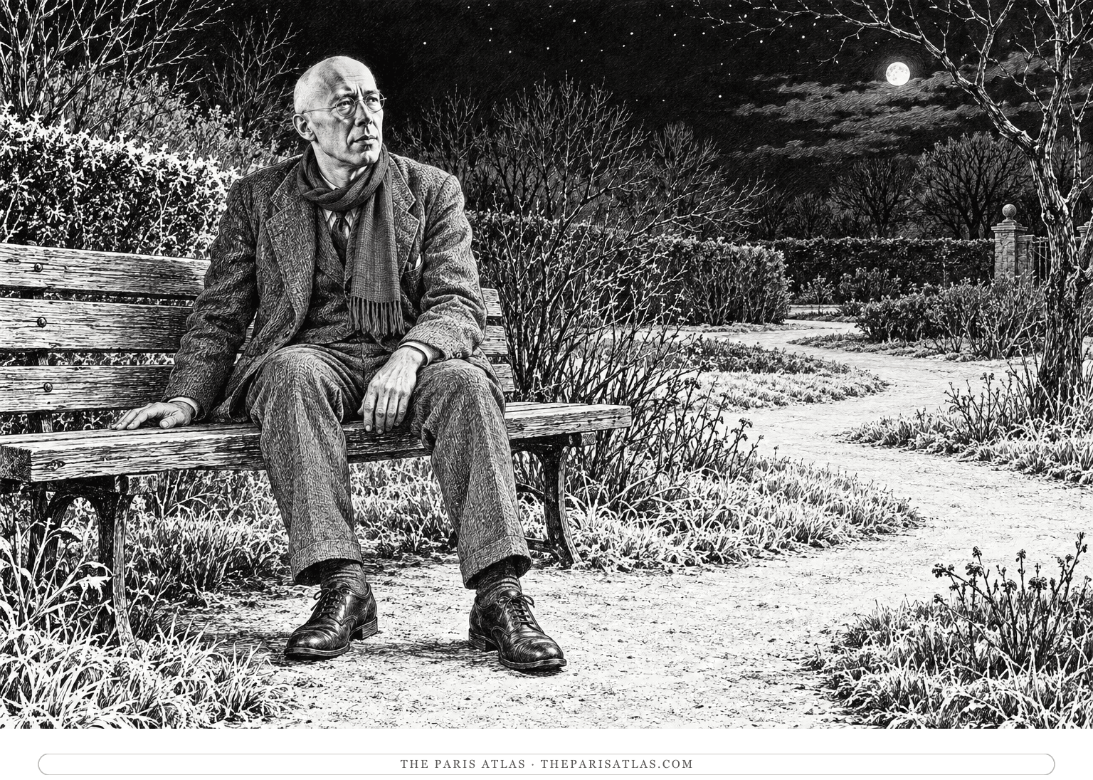 A dreamer wakes on a hard garden bench beside pale winding paths under a cold night sky.
