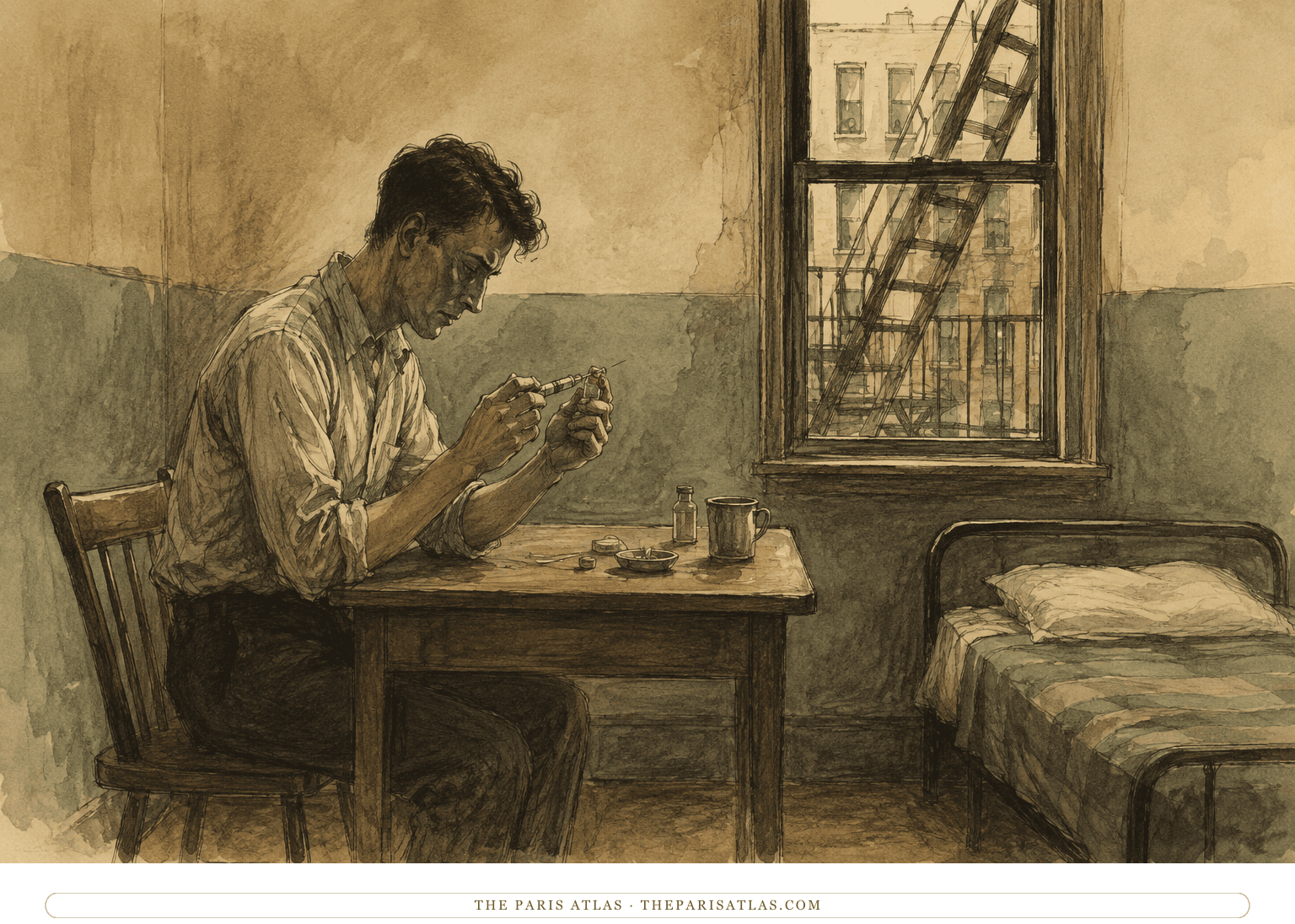 William Lee prepares an injection with clinical concentration at a small table in a New York tenement room