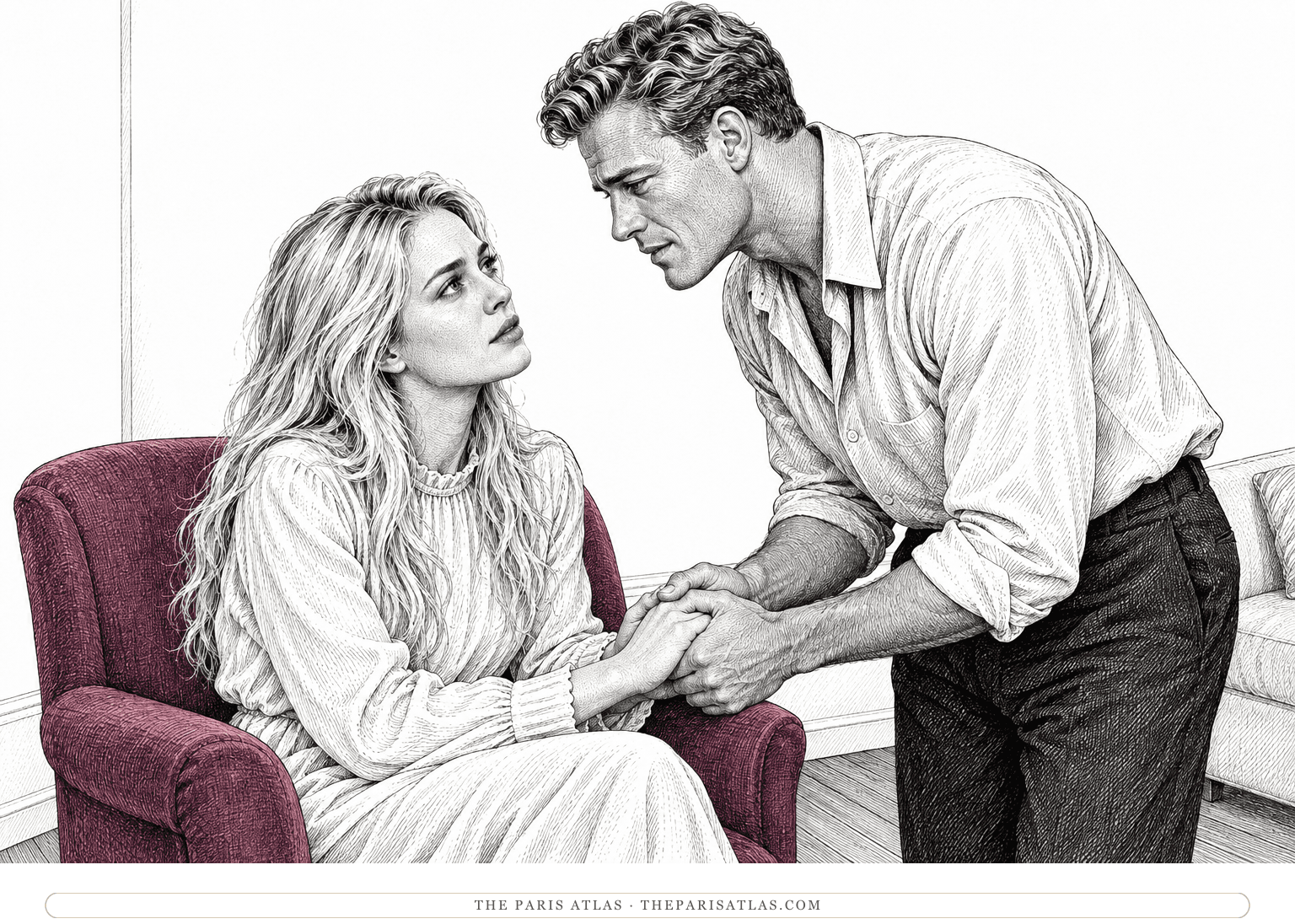 Seated Jeanie looks up at Harry as they hold hands in the play’s final, uneasy reconciliation.