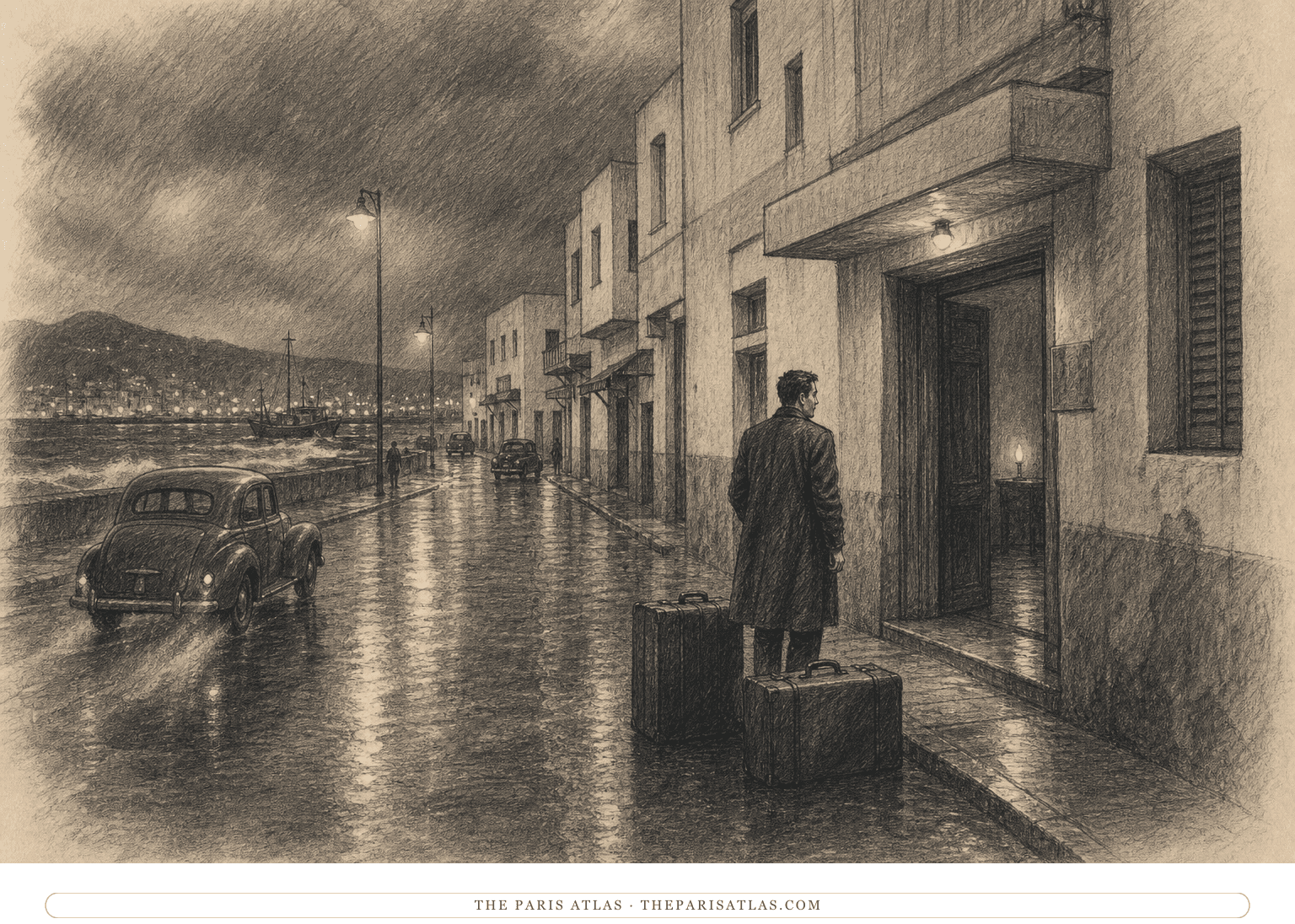 Graphite illustration of a lone man with two suitcases standing outside a dim Tangier hotel on a rain-dark harbor street at night