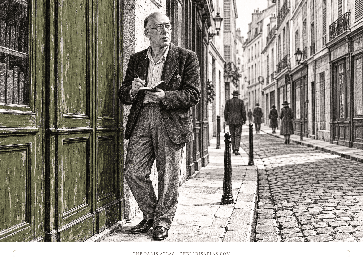 A younger Henry Miller pauses with his notebook on a Paris pavement, drawing the city into his writing.