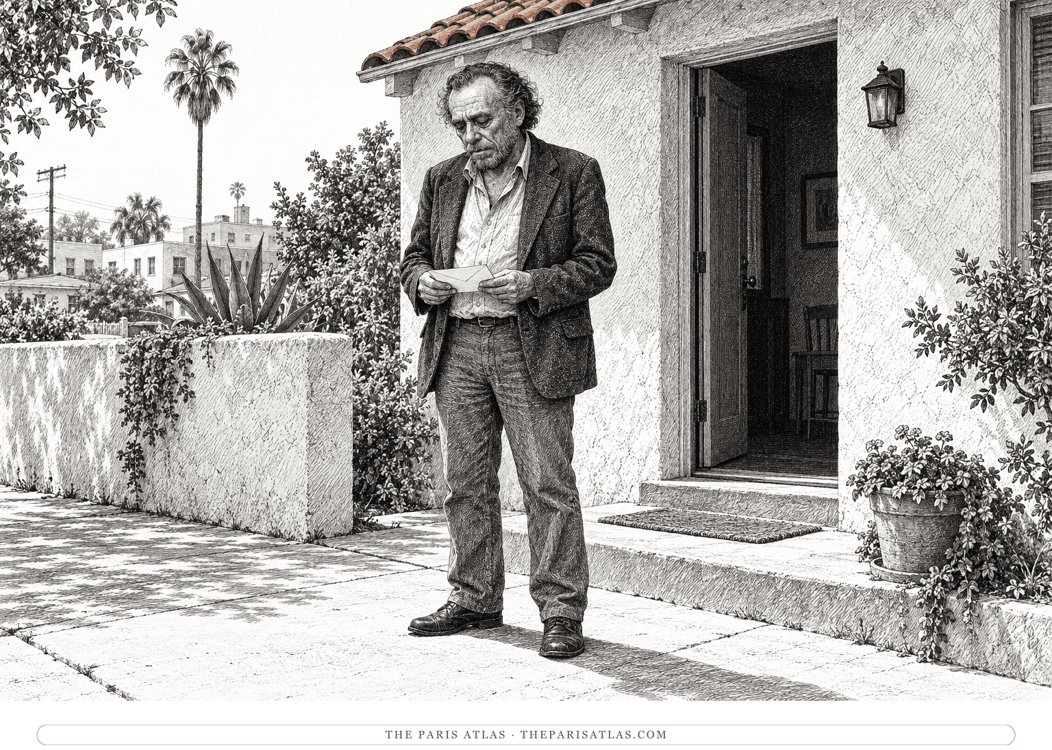 Charles Bukowski stands outside a modest California bungalow, considering an envelope held in his hands.