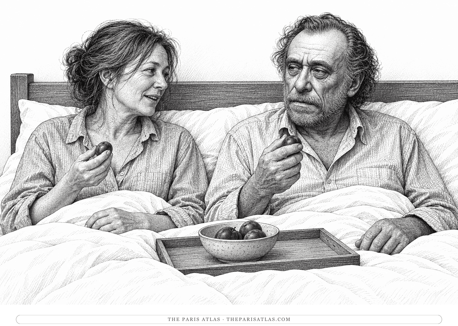 Two adults sit in bed sharing plums while the woman tells a story.