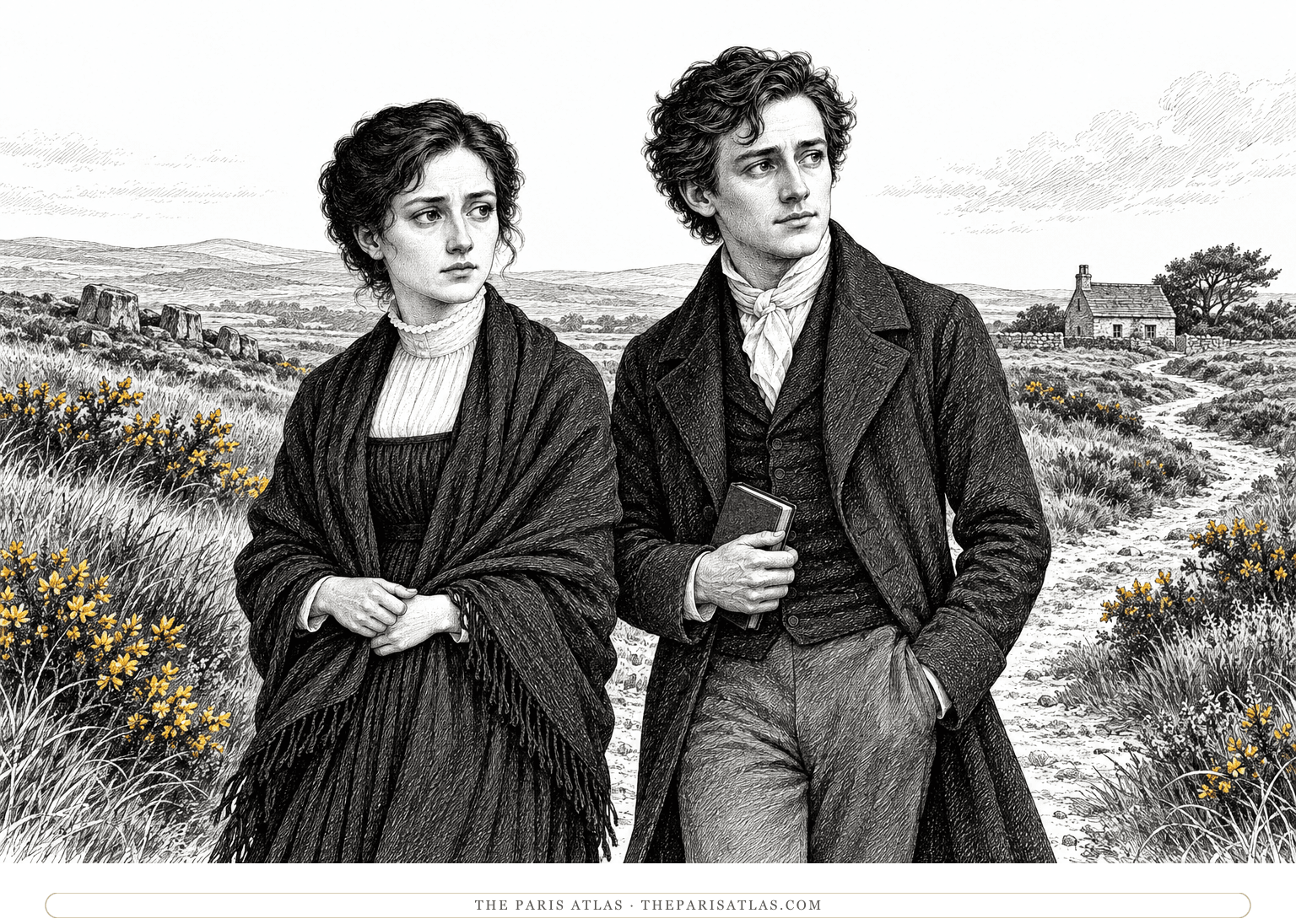 Ink illustration of Mathilda and Woodville talking as they walk along a heath path edged with a few ochre gorse blossoms.