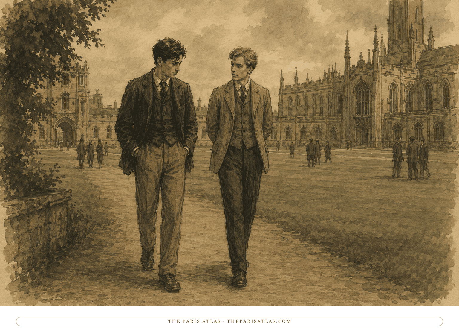 Maurice and Clive walk apart from other students on a Cambridge lawn