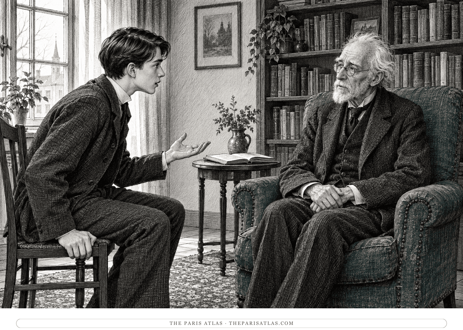 Young Etzel Andergast leans forward to question the aging writer Ghisels in a quiet study.