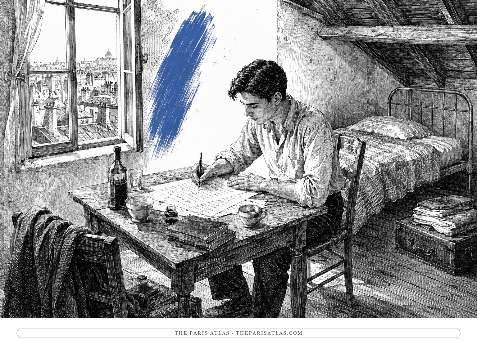 A young man writes at a cluttered table in an attic room, with a nearly vertical cobalt brushstroke beside the window.