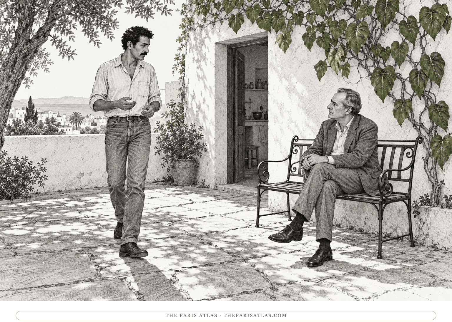 An imagined scene from The Eye: adult Larbi paces a flagstone patio while the unnamed narrator listens from a wrought-iron bench beside a wall of philodendron.