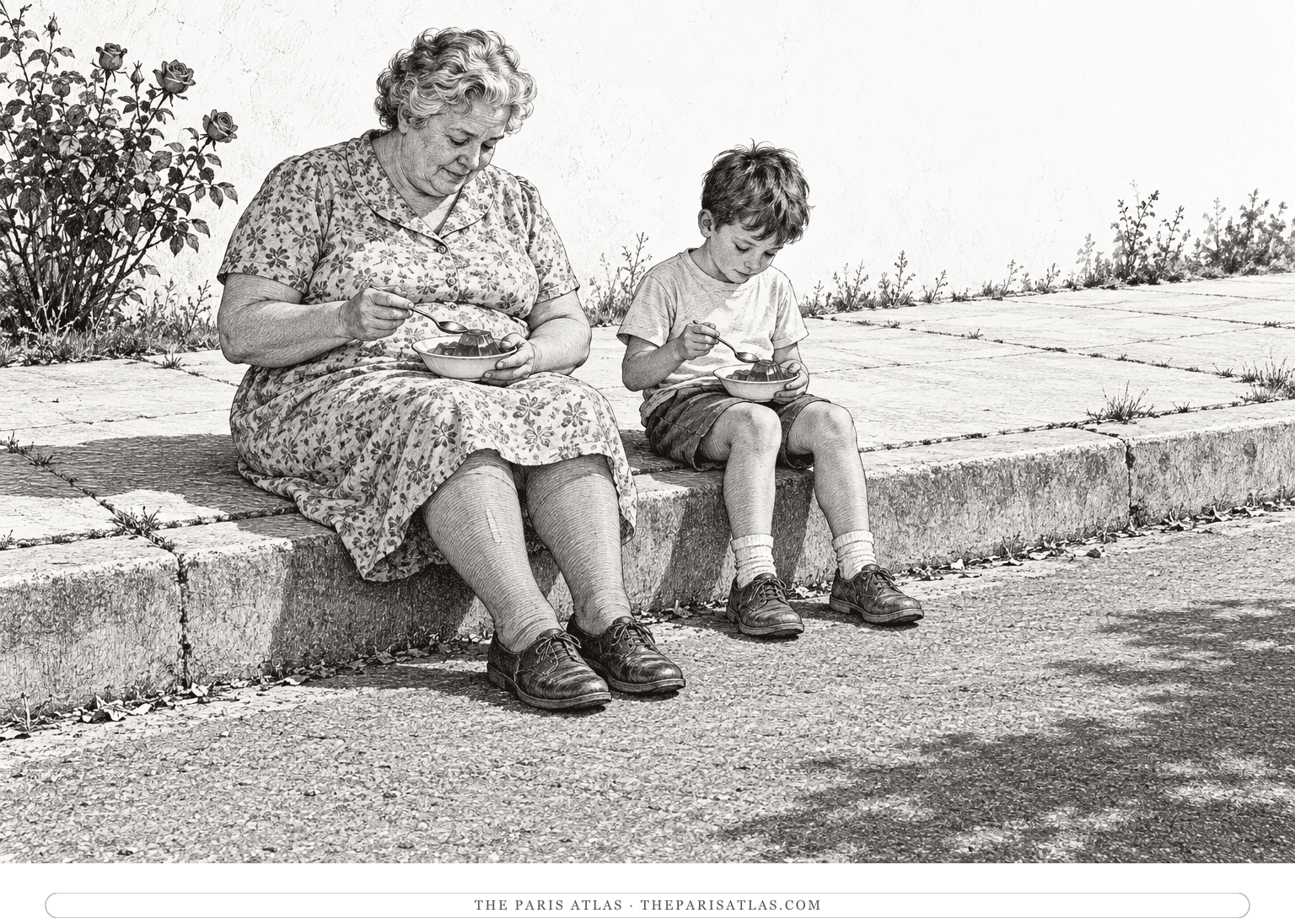 An older woman and a young boy sit calmly on a curb, holding bowls of green jelly.