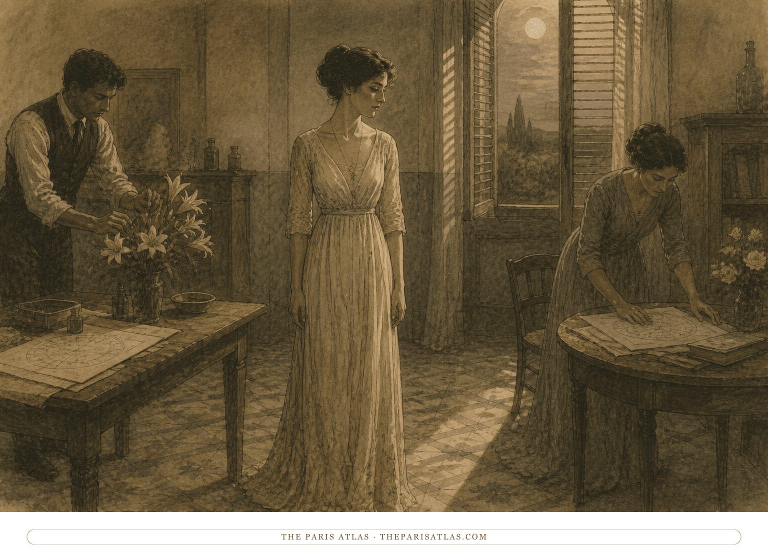 Lisa stands in a carefully controlled ritual room with lunar charts, flowers, and watchful attendants