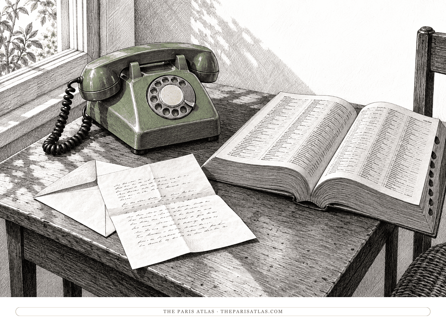 A rotary telephone rests beside an unfolded letter and a thick open telephone directory on a small table near a window.