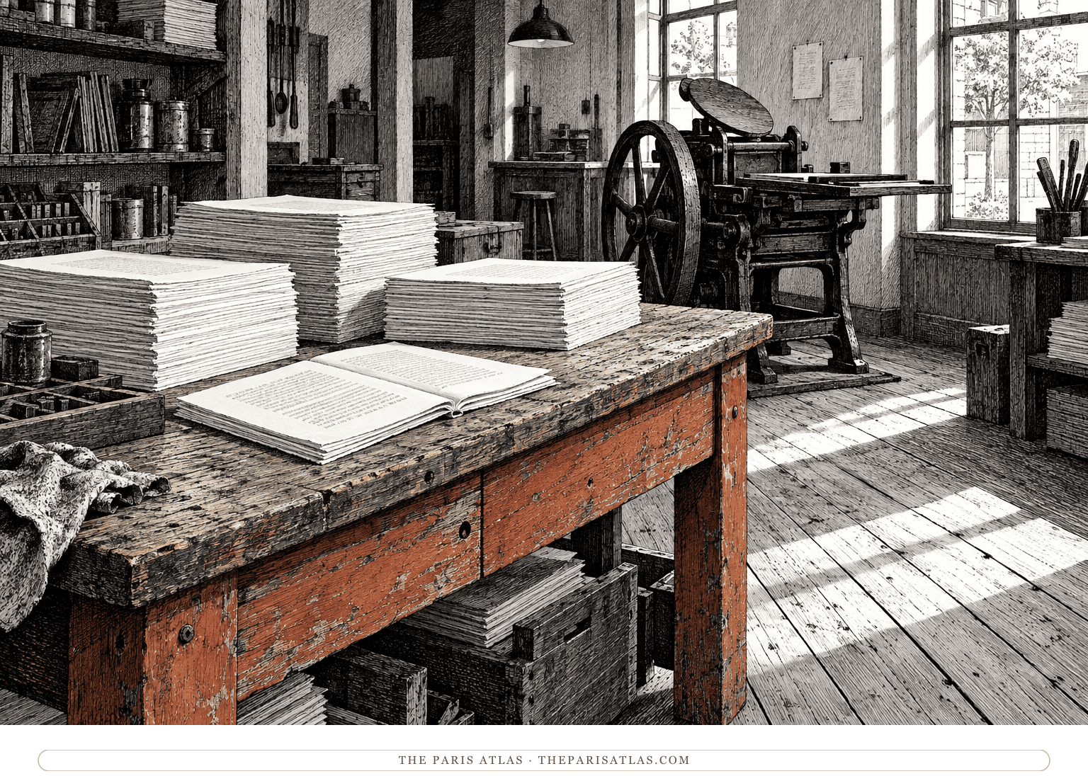 Stacks of unbound printed sheets lie on a wooden workbench in a quiet small print shop, with an old letterpress partly visible beyond.