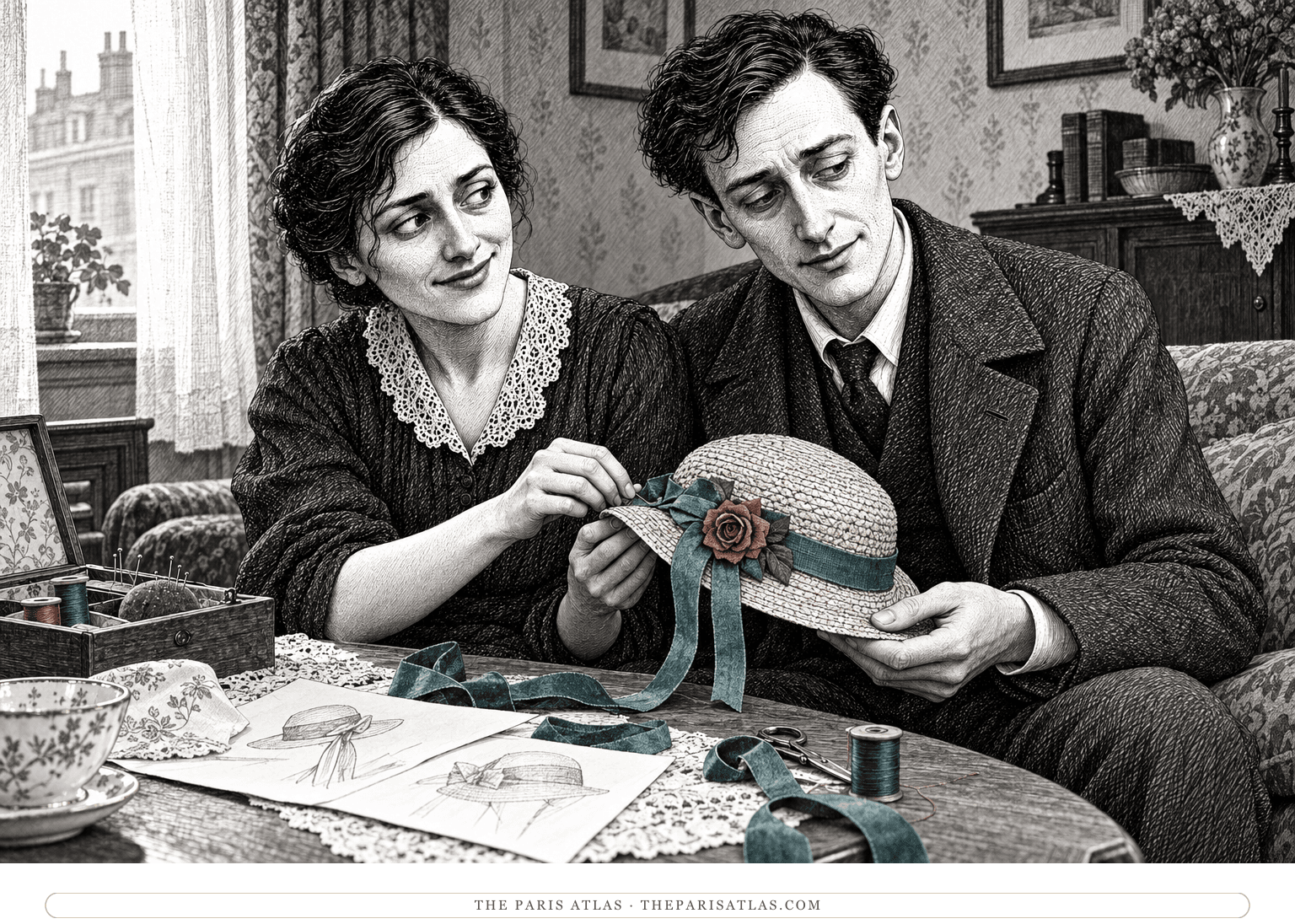 Rezia and Septimus share a quiet moment arranging ribbon and a rose on a straw hat.