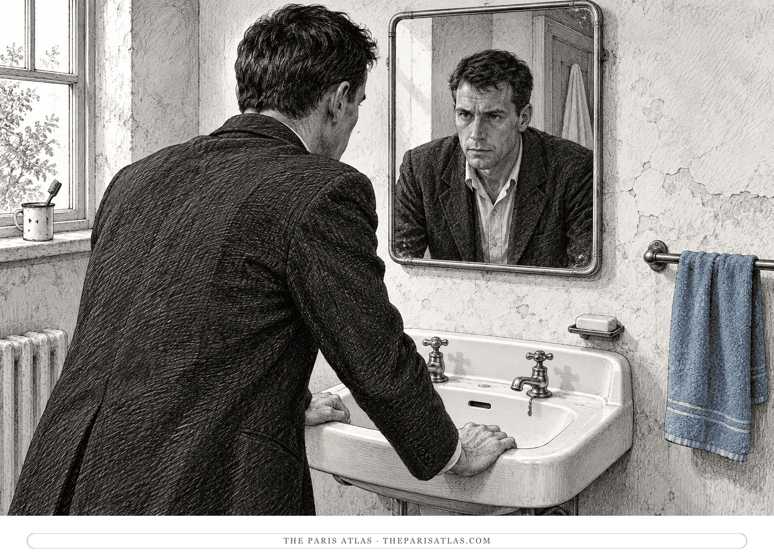 An unnamed man confronts his own reflection in a small mirror, his tense hands resting on the edge of a washbasin.