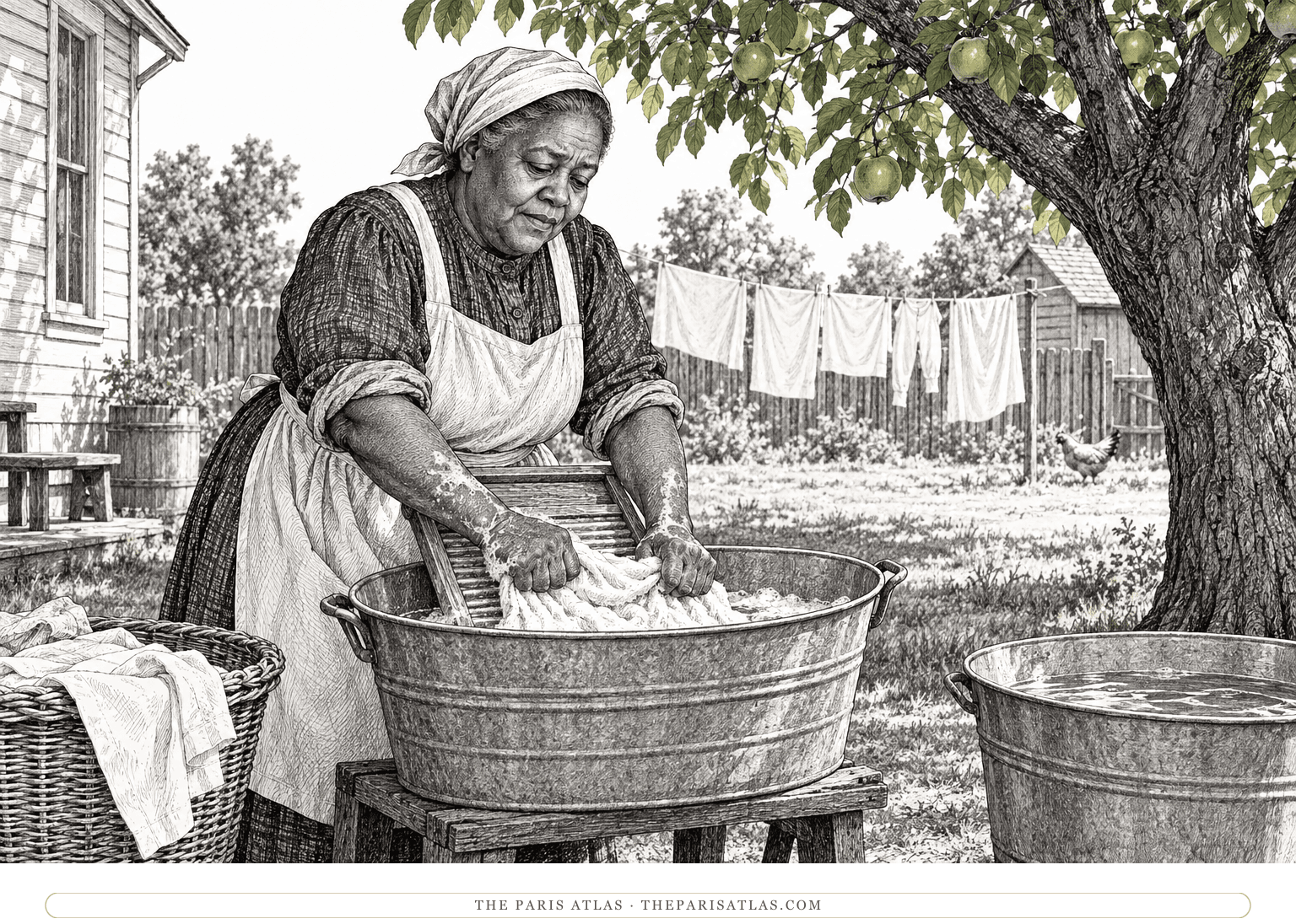 Hager bends over a zinc washboard in a tub beneath an apple tree, her forearms surrounded by suds.
